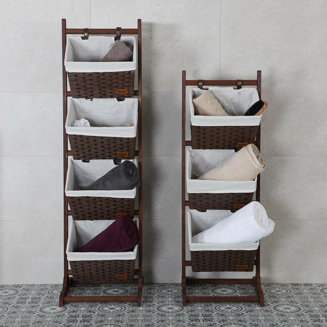 Badezimmerregal Versa Dunkelbraun 3 Körbe Holz Baumwolle Rattan 35 x 102 x 35 cm