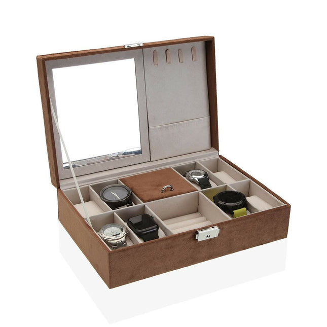 Uhrenbox Versa Braun Samt Holz Polyskin Spiegel Holz MDF 20 x 8,5 x 30 cm