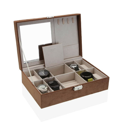 Uhrenbox Versa Braun Samt Holz Polyskin Spiegel Holz MDF 20 x 8,5 x 30 cm