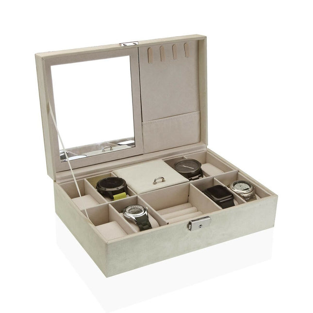 Uhrenbox Versa Creme Samt Holz Polyskin Spiegel Holz MDF 20 x 8,5 x 30 cm