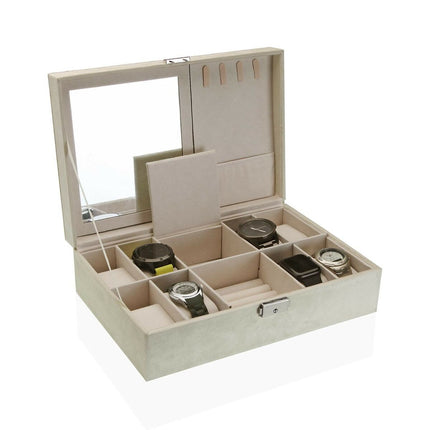 Uhrenbox Versa Creme Samt Holz Polyskin Spiegel Holz MDF 20 x 8,5 x 30 cm
