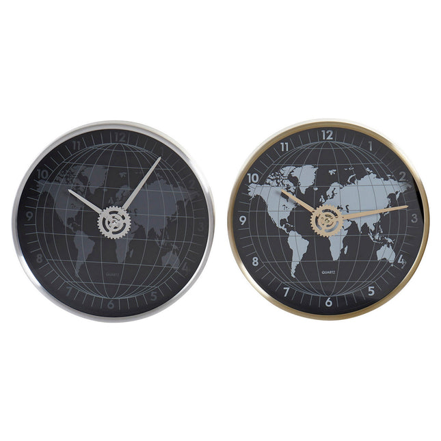 Wanduhr DKD Home Decor 30 x 4,3 x 30 cm Kristall Silberfarben Schwarz Gold Aluminium Weltkarte (2 Stück)