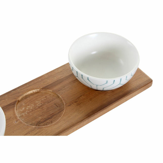 Satz für Appetithäppchen DKD Home Decor 30 x 9,5 x 1,3 cm Porzellan Weiß Marineblau Akazienholz Orientalisch 4 Stücke