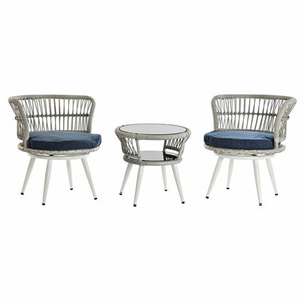 Tisch mit 2 Sesseln DKD Home Decor 65 x 65 x 68 cm Blau/Weiß Kristall Blau Synthetischer Rattan Stahl Weiß
