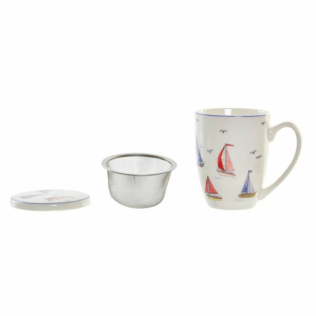 Filtertasse für Teeaufgüsse DKD Home Decor Segelboot Porzellan Yachten Rot Blau Edelstahl Weiß 380 ml Mediterraner (1 Stück)