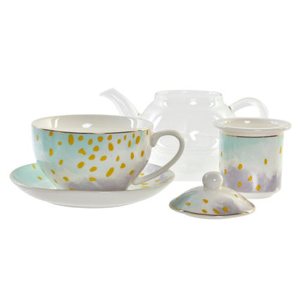 Teekanne DKD Home Decor Kristall Porzellan Rosa Durchsichtig Weiß grün (2 Stück)