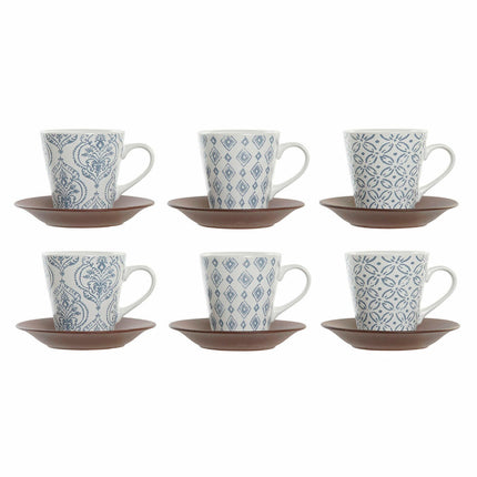 Satz von Kaffeetassen DKD Home Decor Blau Braun Kautschukholz Weiß Steingut 150 ml