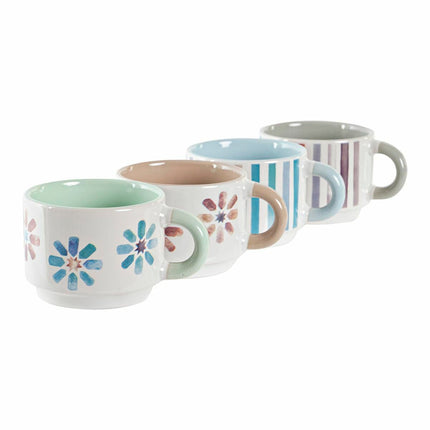 Satz von Kaffeetassen DKD Home Decor Streifen Blomster Metall Steingut 150 ml 4 Stücke