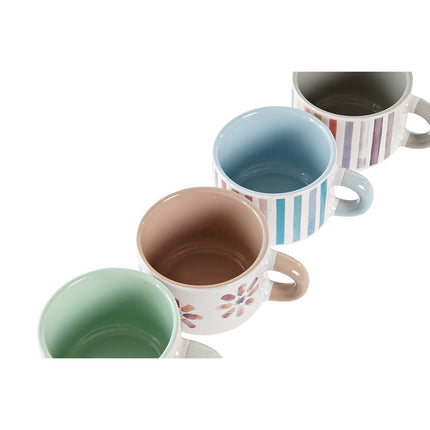 Satz von Kaffeetassen DKD Home Decor Streifen Blomster Metall Steingut 150 ml 4 Stücke
