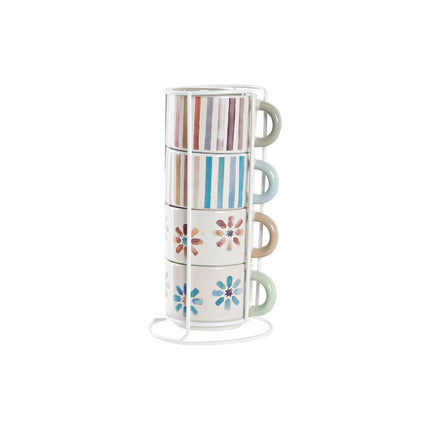 Satz von Kaffeetassen DKD Home Decor Streifen Blomster Metall Steingut 150 ml 4 Stücke