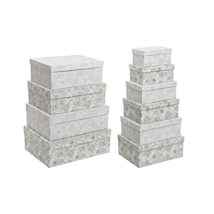 Satz stapelbarer Organizerboxen DKD Home Decor Beige grün Blomster Pappe (43,5 x 33,5 x 15,5 cm)