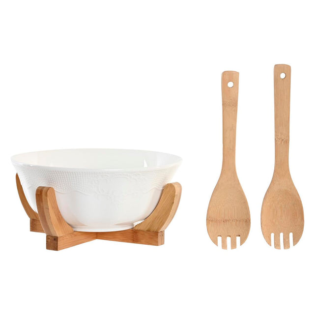 Salatschüssel DKD Home Decor natürlich Porzellan Weiß Bambus 3 Stücke (27 x 29 x 14 cm)