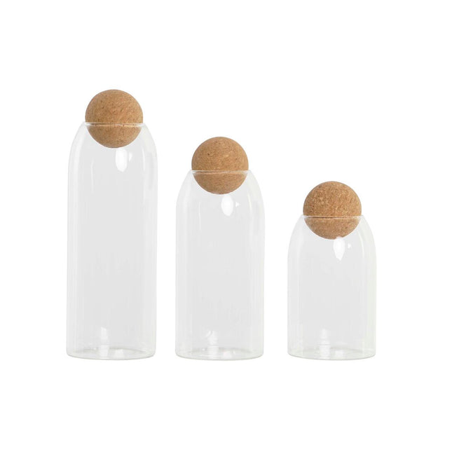 Set mit 3 Kanistern DKD Home Decor natürlich Durchsichtig Kork Borosilikatglas (9,5 x 9,5 x 28,4 cm)